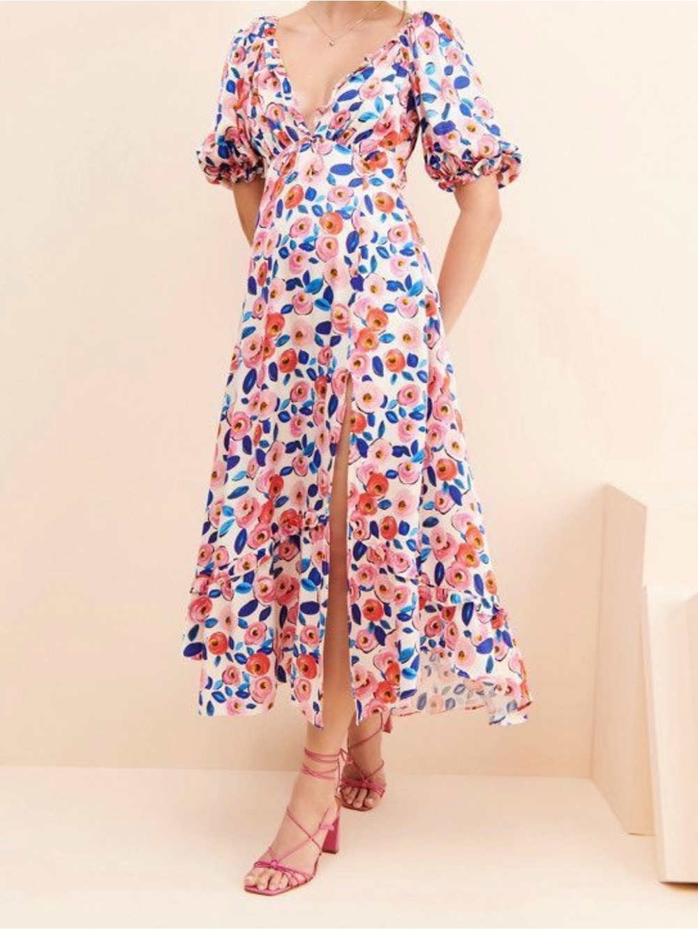 For Love & Lemons Gianna Maxi Pink Floral Puff-Sleeve Maxi Dress